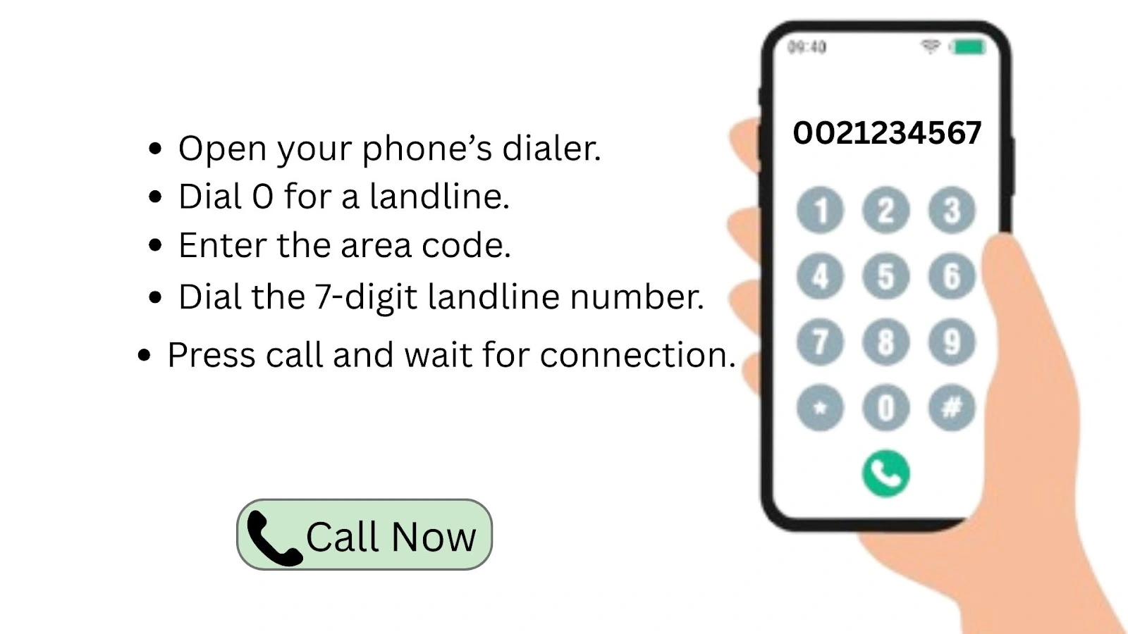 Instructional graphic showing how to call a landline in the Philippines with a hand holding a phone, dialer screen, and Call Now button.
