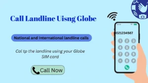 Globe image on light blue background showing how to call landlines with a Globe SIM, smartphone, instructions, and Call Now button.