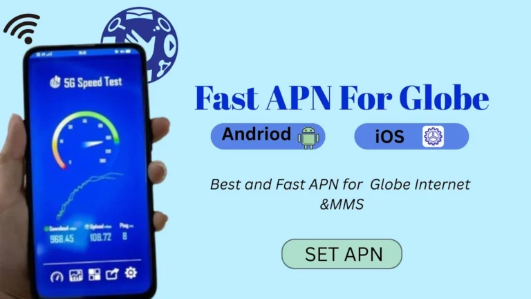 Globe APN image showing a smartphone with 5G speed test, Fast APN for Globe text, Android and iOS buttons, and a Set APN button on a light blue background.