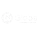 Globe SIM Registration logo with a white circle showing a hand and communication icons, and the text ‘Globe SIM Registration’ in white.