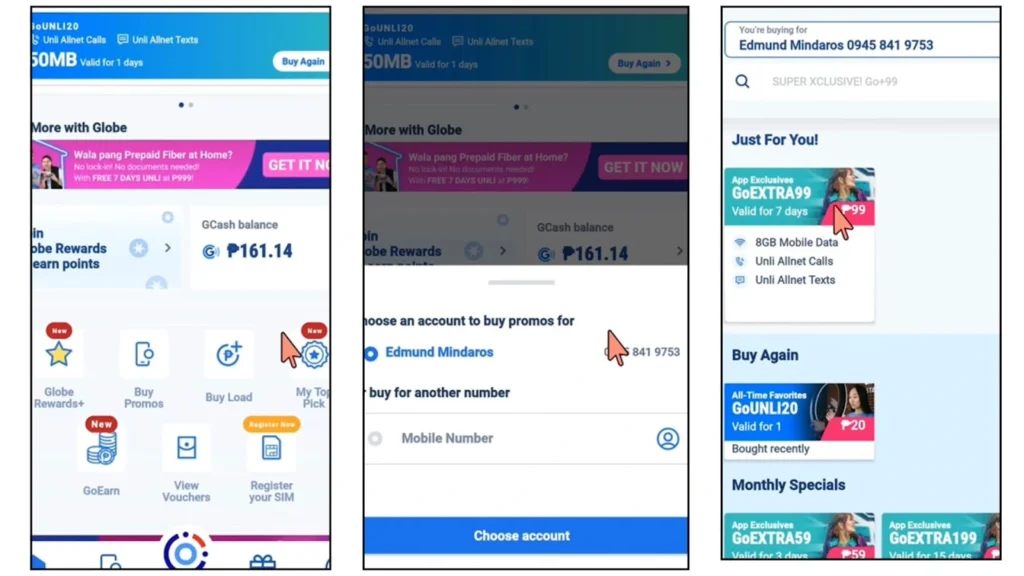 GlobeOne app screenshots showing how to send load to a friend, select a recipient, and buy promos like GoEXTRA99 and GoUNLI120.