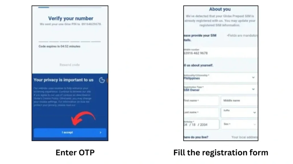 Two mobile screens showing how to enter an OTP to verify your number and fill out your SIM registration details.