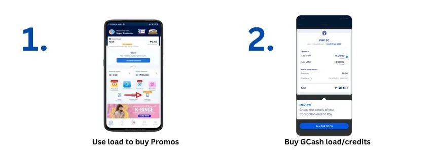 Two mobile app screenshots showing how to buy promos and purchase GCash load using phone load.