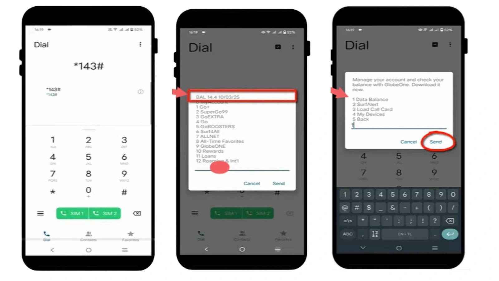 How to Check Balance In Globe: Load & Data Inquiry 2 Step-by-step screenshots showing how to check Globe balance on a smartphone using USSD code *143#.