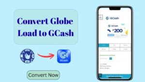 Image showing Convert Globe load to GCash with icons and a phone screen showing my ₱200 GCash transfer voucher