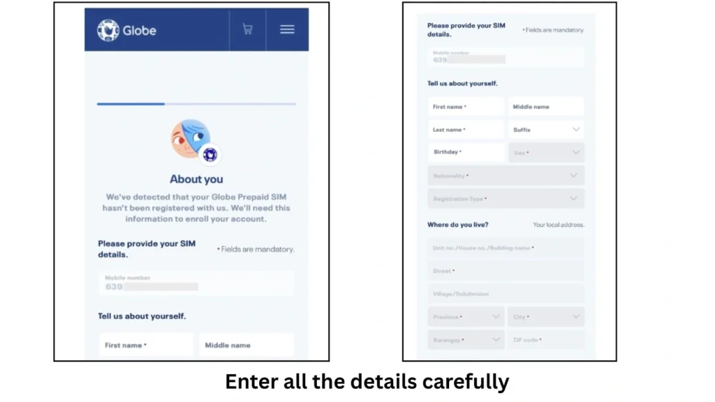 Screenshots of Globe registration forms showing how to fill in personal information, SIM details, and address accurately.