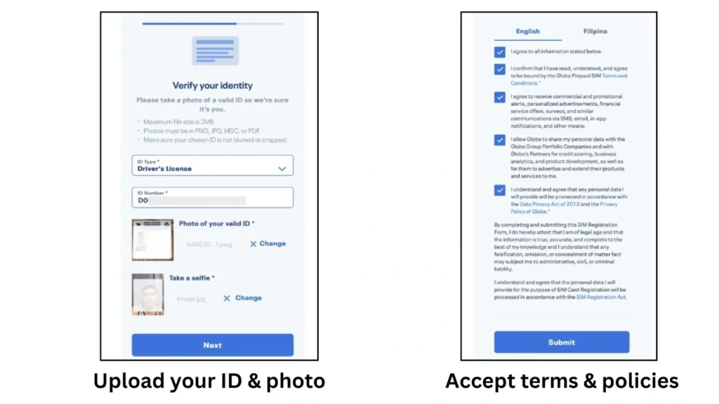 Two screenshots showing Globe SIM identity verification: upload ID and selfie, and accept terms and privacy policies.