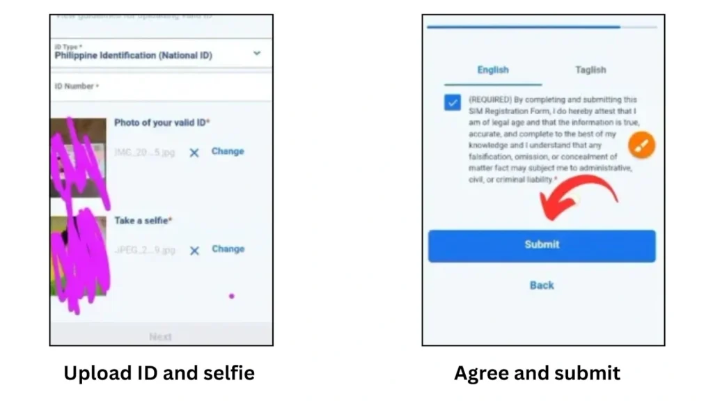 Screenshots of an online Philippine National ID verification process to upload a valid ID and selfie, agree to terms, and submit the form.