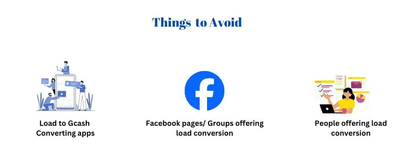 Infographic warning users to avoid fake apps, Facebook groups, and people offering load conversion to GCash.