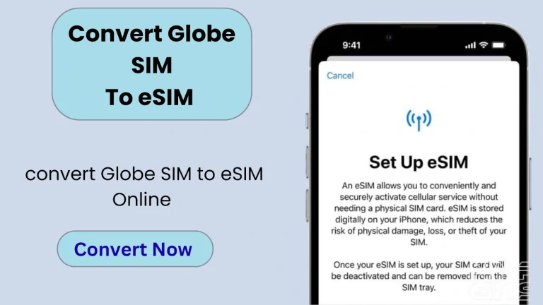 Convert Globe SIM to eSIM graphic with a call-to-action button and a smartphone screen showing eSIM setup instructions and benefits.
